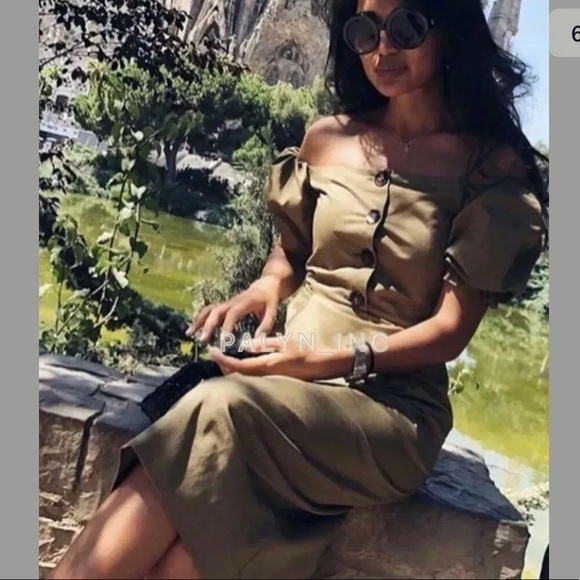 ❤️NWT ZARA KHAKI OFF-THE-SHOULDER MIDI DRESS - Picture 6 of 14